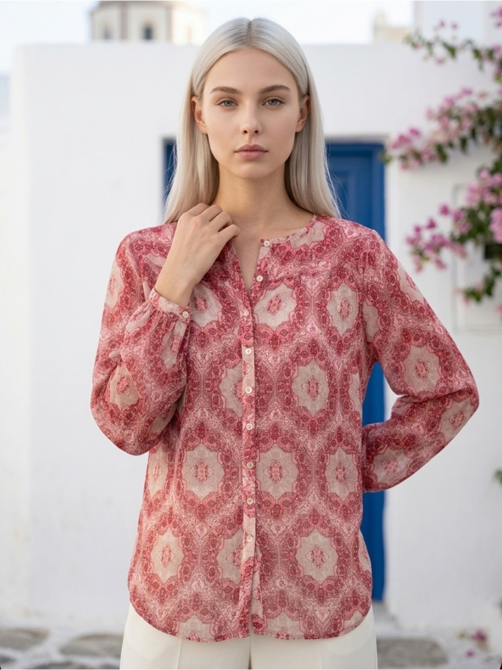 SUNDANCE Blouse Top Boho Sheer Geometric Peasant 100% Silk Small